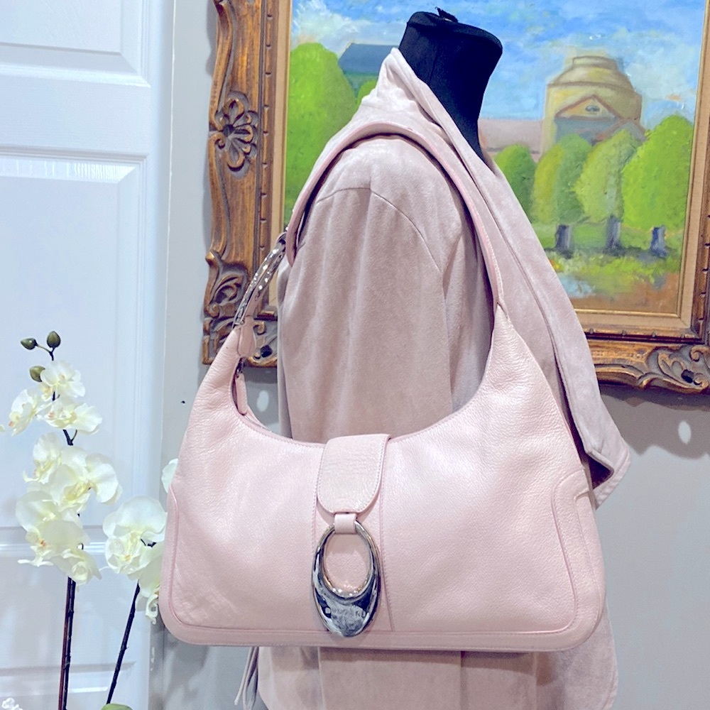 BVLGARI Pink Calfskin Shoulder-bag Silver Oval Logo Hardware Zip Flap Close VTG